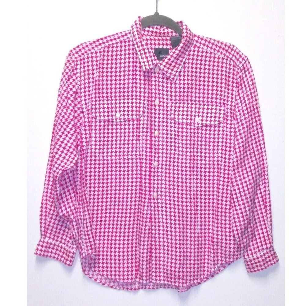 Liz Claiborne Womens shirt Houndstooth print long sleeve collar PS Pink Liwzwear